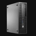 جهاز كمبيوتر مكتبي صغير الحجم من HP بواجهة أمامية تحتوي على منافذ USB وقارئ أقراص.